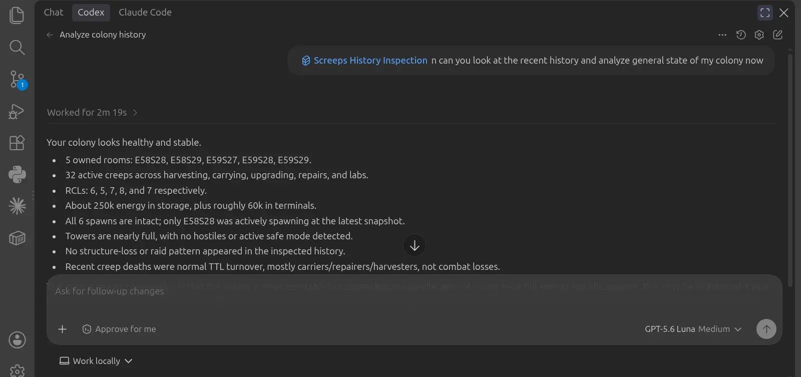 AI agent interface showing an analysis of recent Screeps colony history