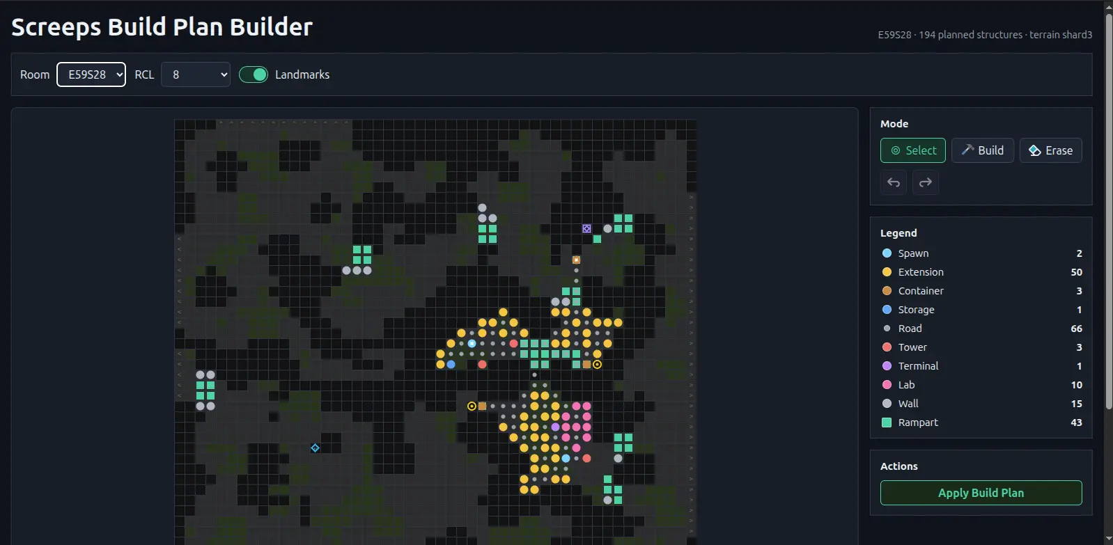 Screeps Build Plan Builder showing a planned colony layout and structure legend