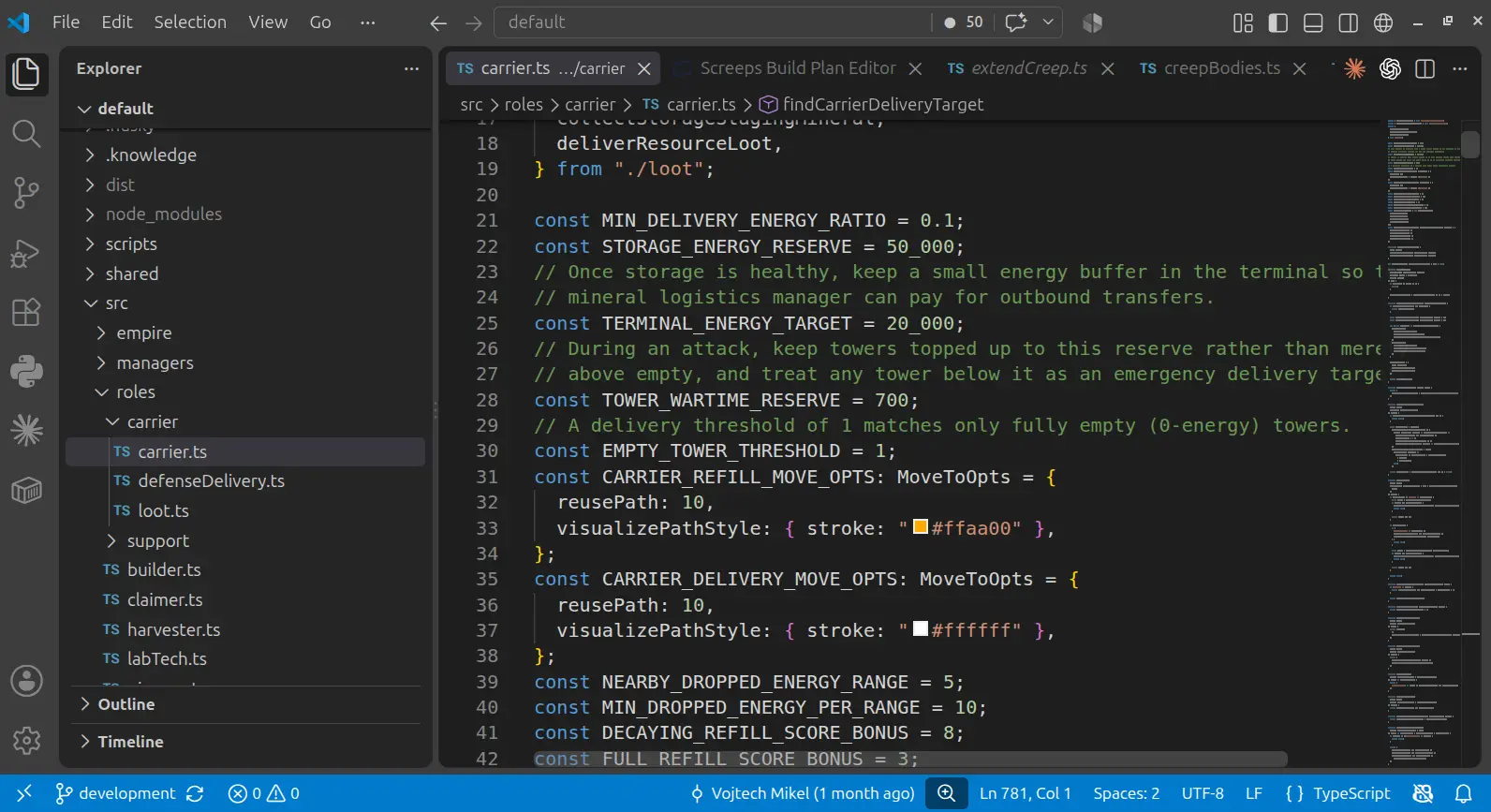 Visual Studio Code showing TypeScript logistics code from the Screeps Bot project