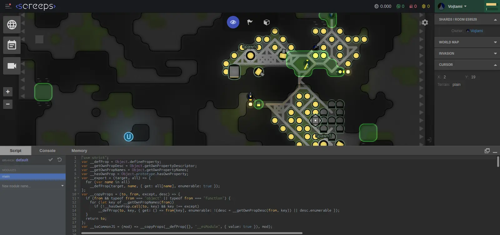 Screeps colony running in the game interface with planned structures and defensive walls