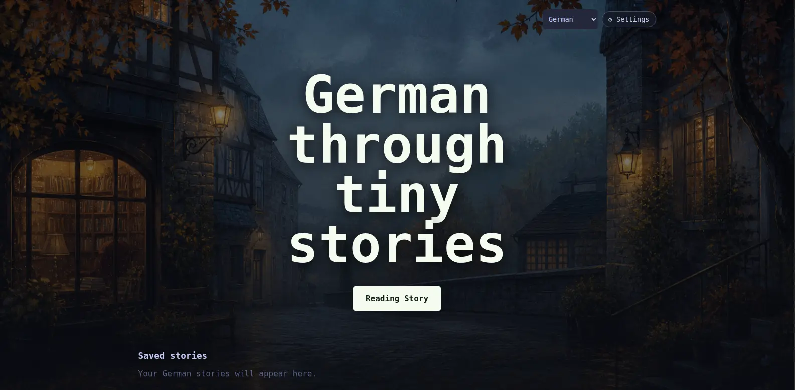 Stories language-learning app home screen showing a German story
