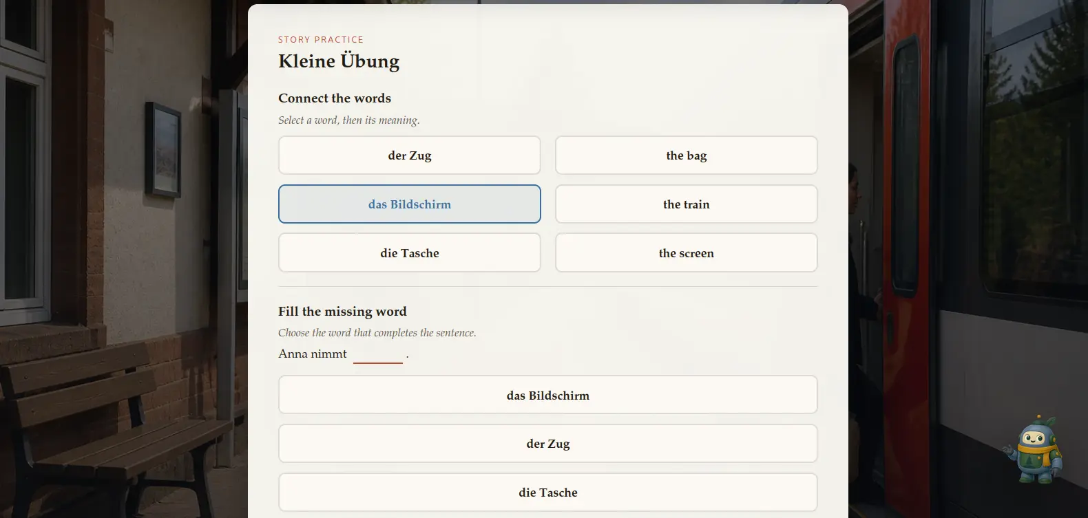 Stories practice screen with vocabulary matching and sentence exercises
