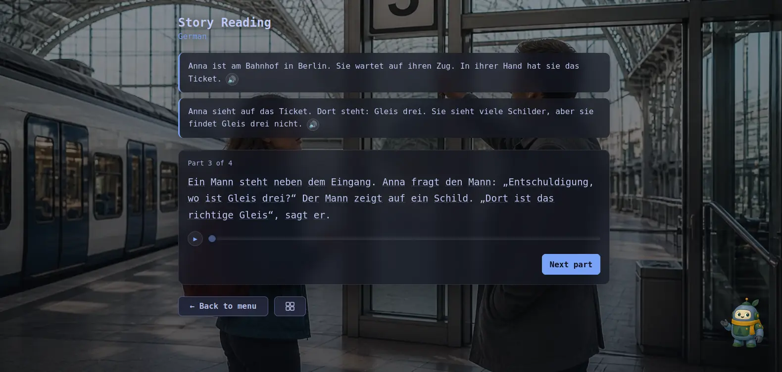 Stories reading view showing German text, narration controls and progress