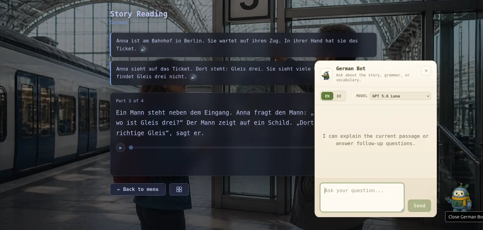 Stories tutor panel open beside a German reading passage