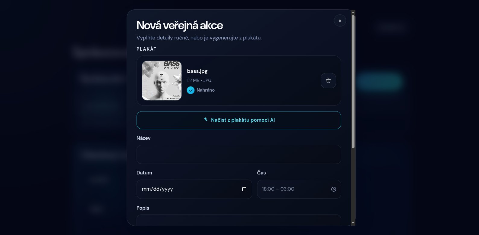 Club Termix admin dialog for creating a new event from a poster with an AI import action
