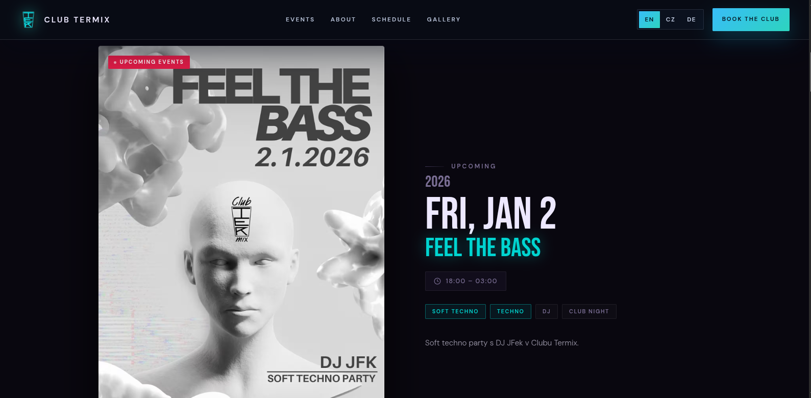 Club Termix events page showing a poster alongside details for Feel the Bass