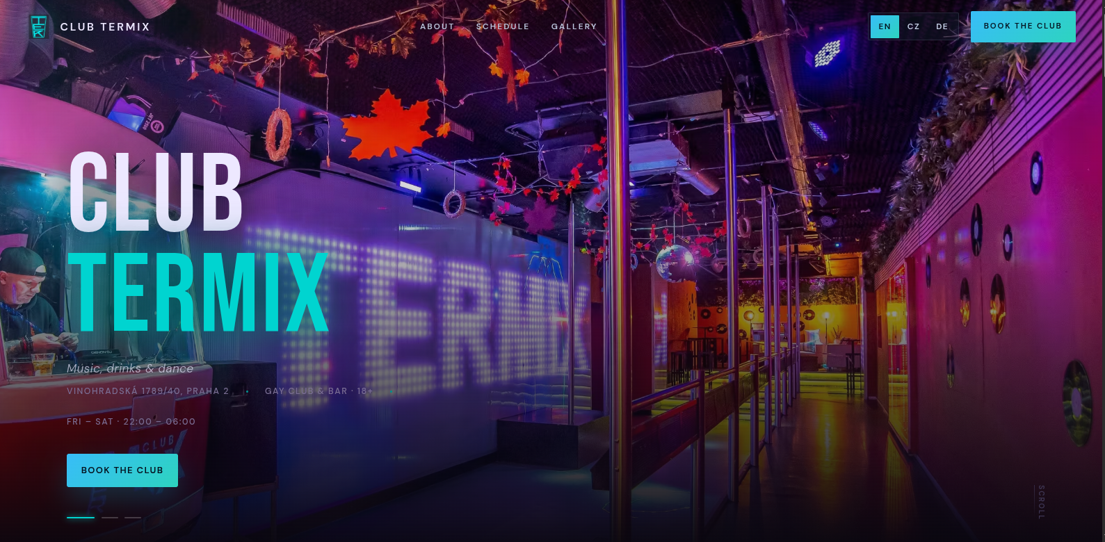 Club Termix venue website homepage in vivid blue and magenta light
